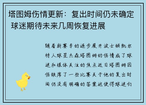 塔图姆伤情更新：复出时间仍未确定 球迷期待未来几周恢复进展